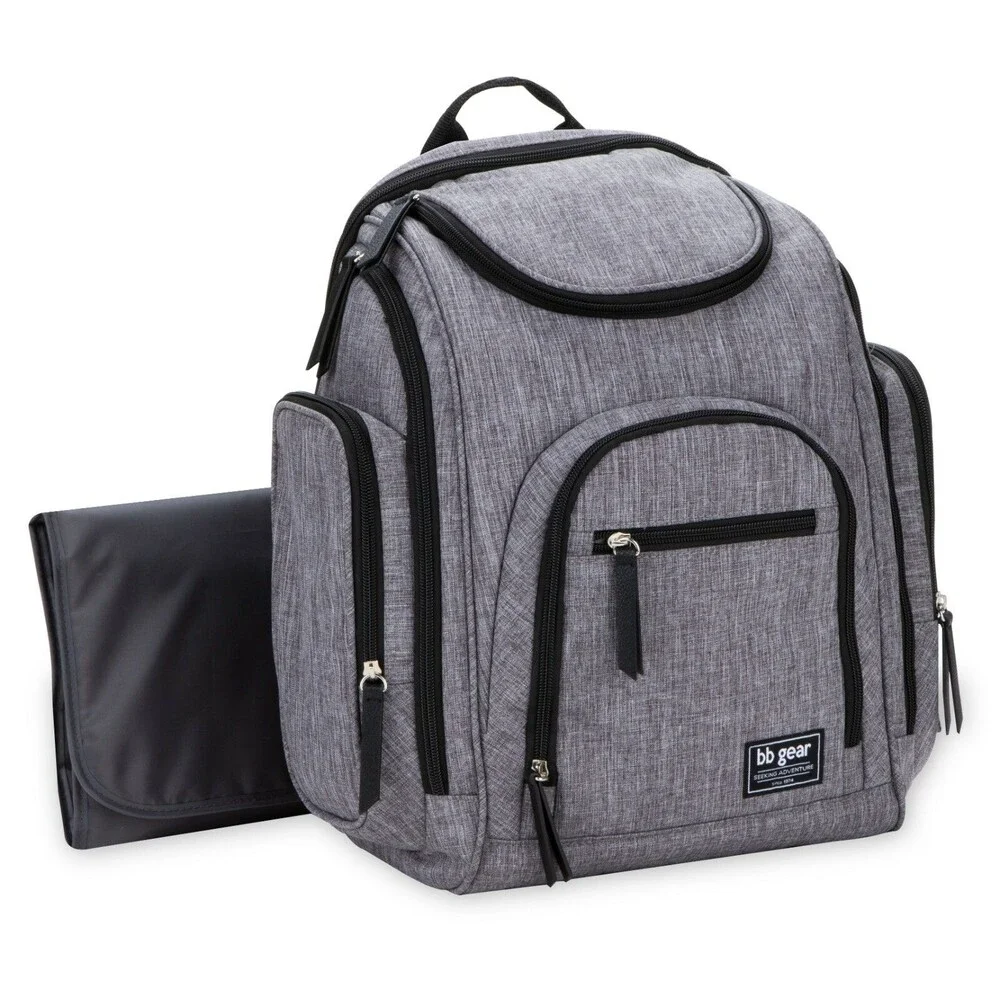 BB Gear Diaper Bag Backpack w/ Changing Pad & Insulated Side Pocket - Gray